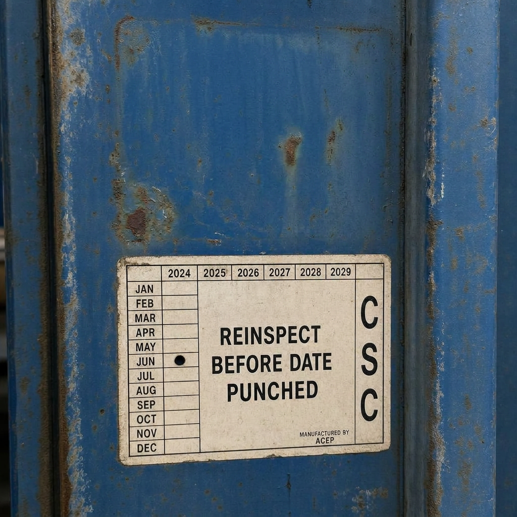 CSC reinspection sticker and certification documentation on an authorized SCS-inspected container