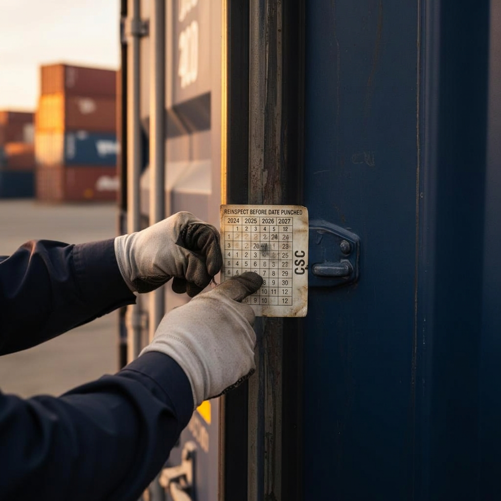 Inspector checking a CSC reinspection sticker on a shipping container at a Suriname coastal port
