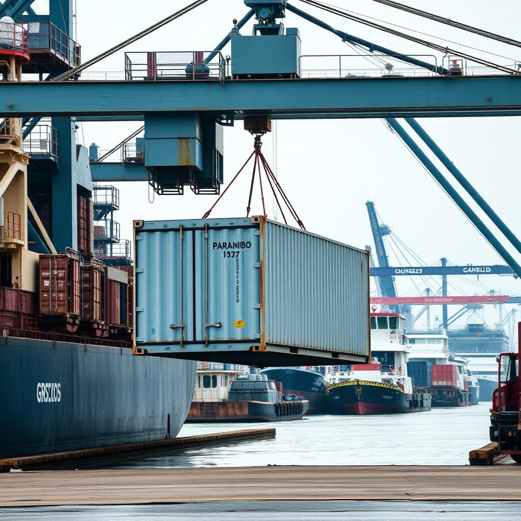 Shipping container being offloaded at the port