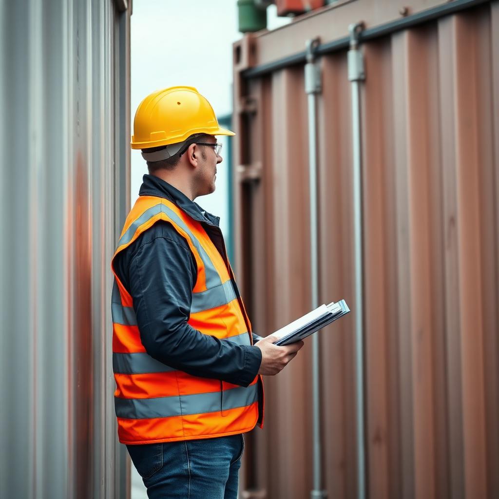 Inspector in PPE examining a shipping container